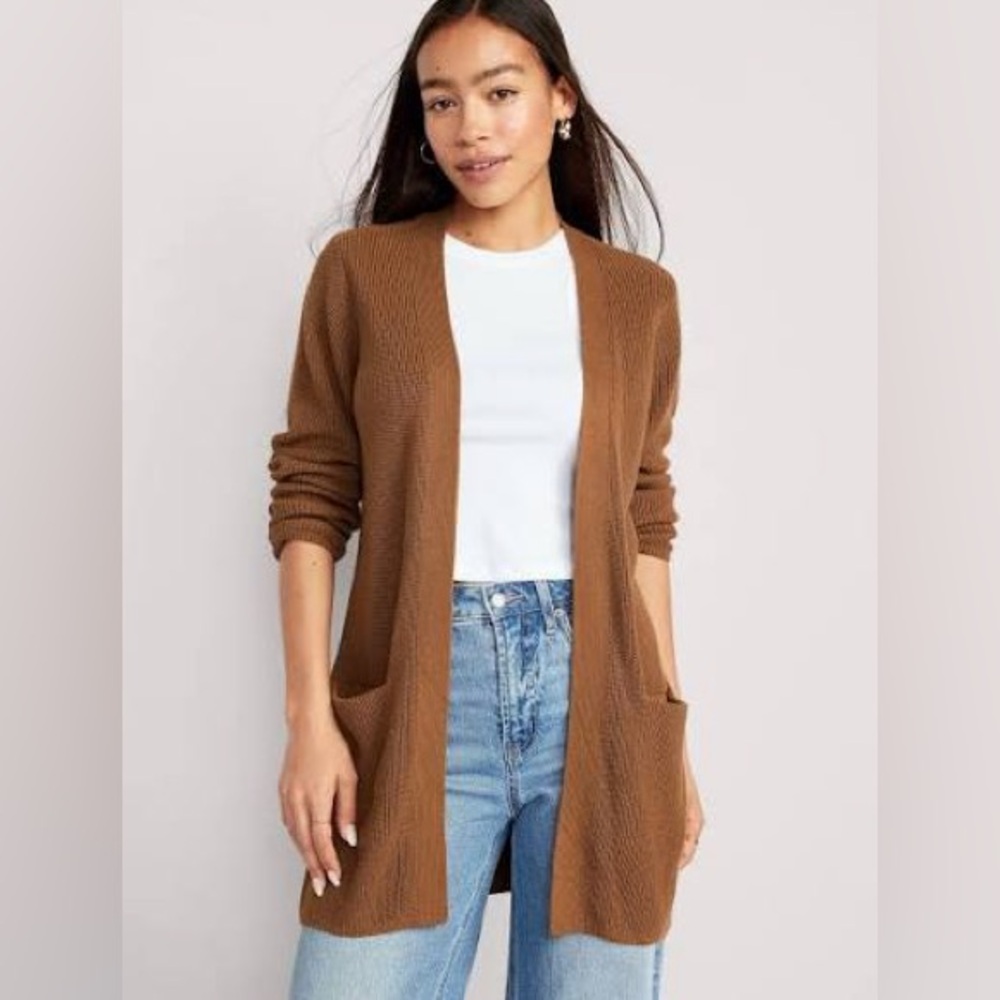 Old Navy Brown Knit Longline Fall Cardigan Open Front with Pockets